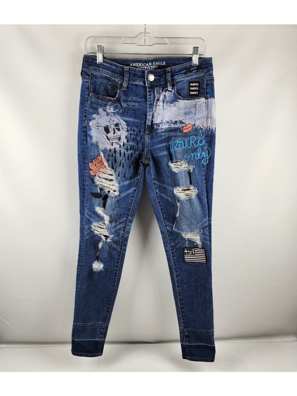 American Eagle Outfitters Jeans Women 10 Blue Distress Painted AEO Denim Patches